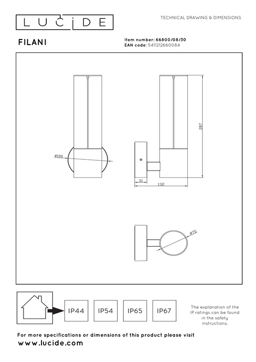Lucide FILANI - Applique murale Intérieur/Extérieur - LED - 1x8W 2700K - IP54 - Noir | Essential - technique